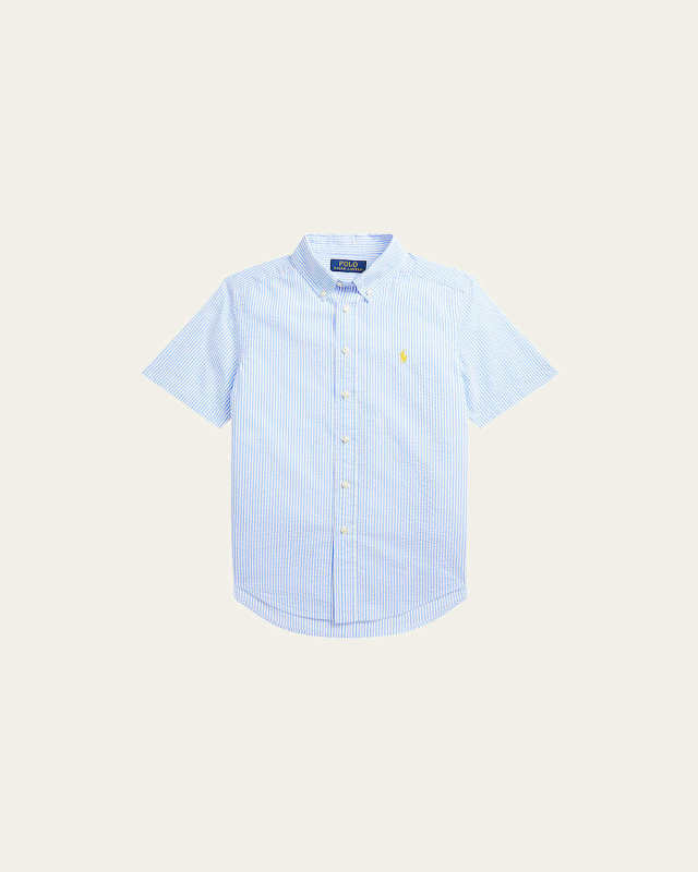 Boy's Striped Seersucker Short-Sleeve Shirt, Size S-